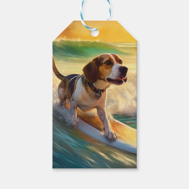 Étiquettes-cadeau Tableau de surf de plage beagle (Devant)