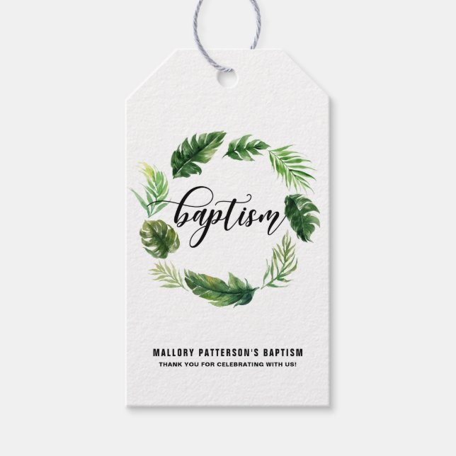 Étiquettes-cadeau Tag Cadeau Aquarelle Tropical Feuille Wreath Bapti (Devant)