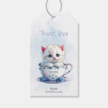 Tag cadeau Kitten in Cup Blue Flowers