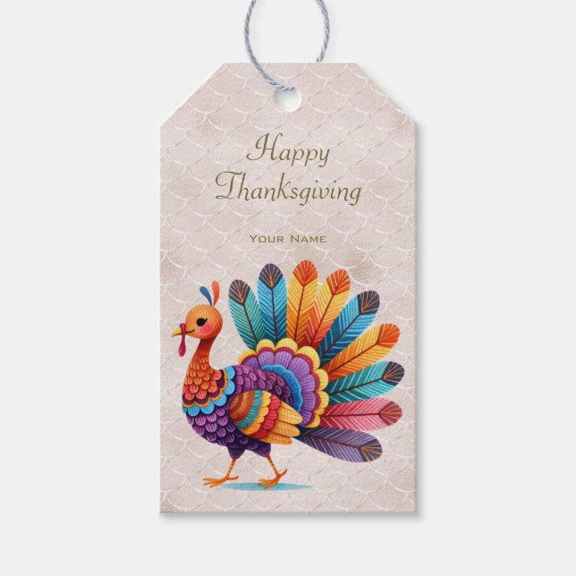 Étiquettes-cadeau Tag cadeau Thanksgiving Bright Feathers Turkey (Devant)