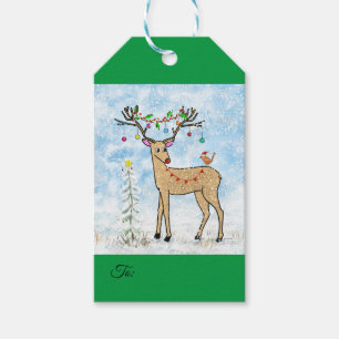 Étiquettes-cadeau Tag de cadeau de cerfs et d'oiseaux de Noël