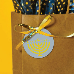 Étiquettes Cadeau Tag moderne Hanoukka Menorah Grey & Gold Favor