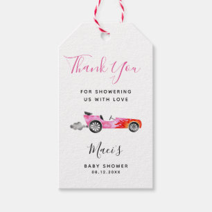 Étiquettes-cadeau Tags cadeaux Baby shower voiture course rose