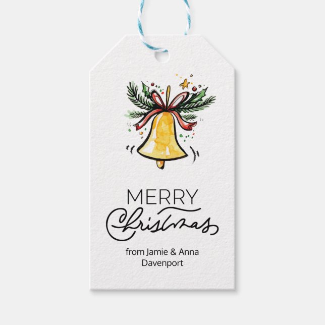 Étiquettes-cadeau Tags cadeaux de Noël personnalisés Aquarelle Bell (Devant)
