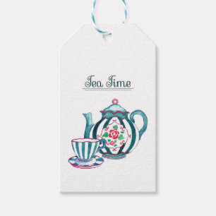 Étiquettes-cadeau Tags cadeaux - Teapot rayé bleu, Coupe et soucoupe