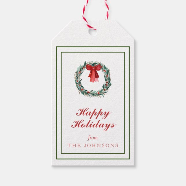 Étiquettes-cadeau Tartan classique traditionnel de Noël Plaid Wreath (Devant)