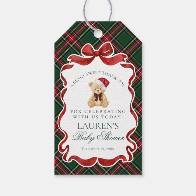 Étiquettes-cadeau Tartan Plaid Christmas Bear Baby Shower Favors (Devant)