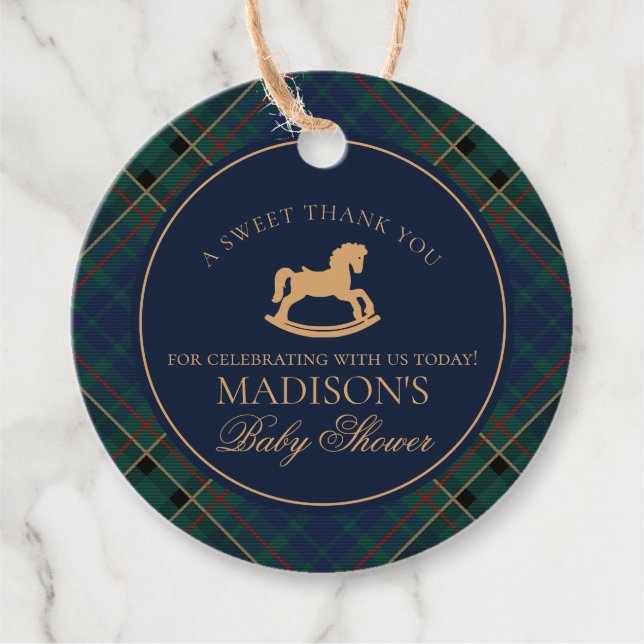 Étiquettes Cadeau Tartan Plaid Rocking Horse Baby Shower Circle (Devant)