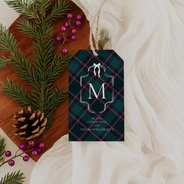 Étiquettes-cadeau Tartan vert et rose | Noël monographique personnal (Créateur téléchargé)