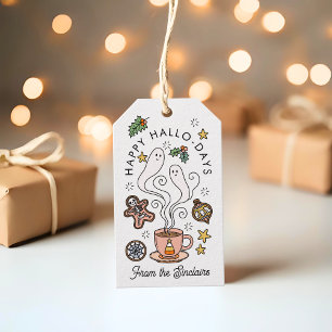 Étiquettes-cadeau Tasse à café rose avec des fantômes Halloween Noël