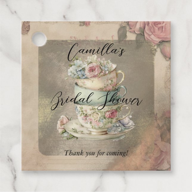 Étiquettes Cadeau Tasses à thé florales empilées Éphémère Shower de  (Devant)