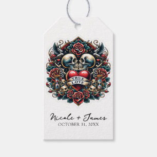 Étiquettes-cadeau Tatouage de mariage de cœur de squelette d'amour v