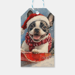 Étiquettes-cadeau Tchiot Terrier de Boston dans un traîneau Laissez