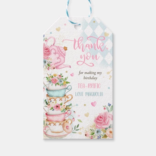 Étiquettes-cadeau Tea Party Anniversaire Fille Rose & Or Floral Par  (Devant)