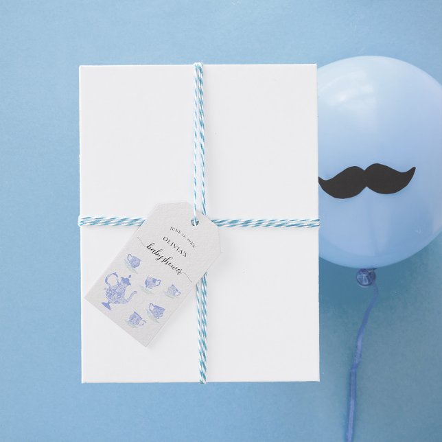 Étiquettes-cadeau Tea Party Blue China White Lace Boy Baby shower (Créateur téléchargé)