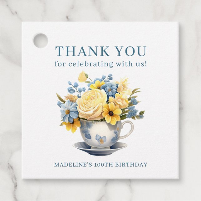 Étiquettes Cadeau Teacup Fleurs Bleues Jaunes 100e anniversaire (Devant)