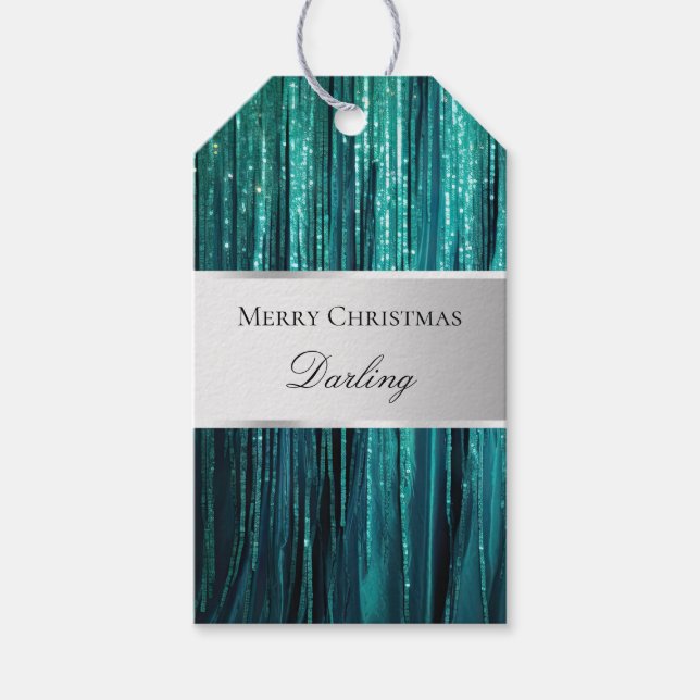 Étiquettes-cadeau Teal Green Glam Glitzy Tinsel Stripes (Devant)