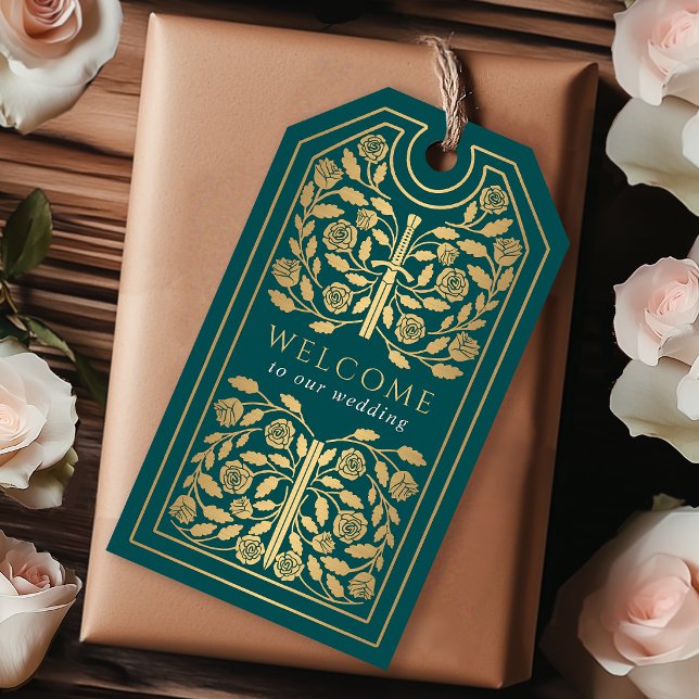 Étiquettes-cadeau Teal Royal Medieval Gold Sword Wedding Welcome (Créateur téléchargé)