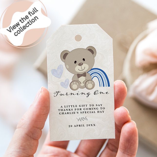 Étiquettes-cadeau Teddy Bear 1er Anniversaire bleu (Créateur téléchargé)