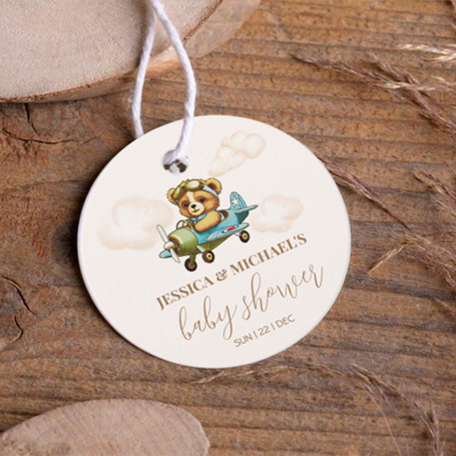Étiquettes Cadeau Teddy Bear Baby Baby shower pilote avion (Teddy Bear Baby Pilot Airplane Baby Shower Favor Tags)