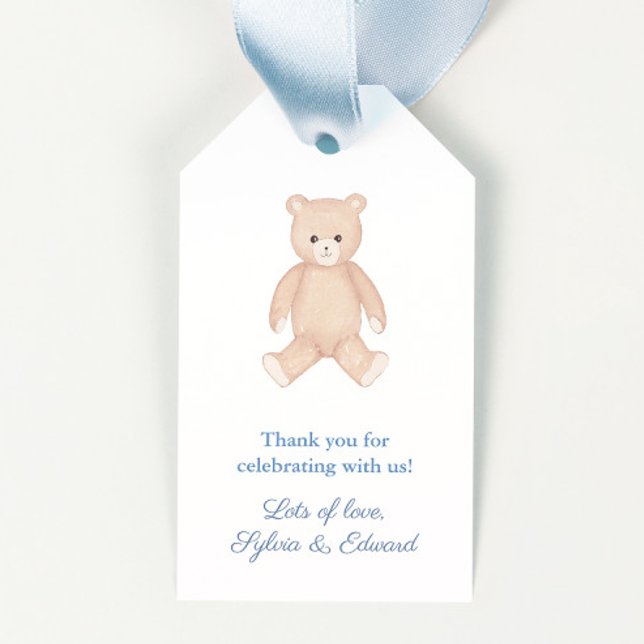 Étiquettes-cadeau Teddy Bear Baby shower traditionnel Favoriser les  (Timeless watercolor brown teddy bear little boy baby shower favor tags with blue text)