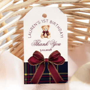 Étiquettes-cadeau Teddy Bear Beary 1er anniversaire Bow Plaid Merci