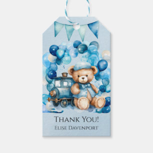 Étiquettes-cadeau Teddy Bear Blue Train Boy Baby shower Merci