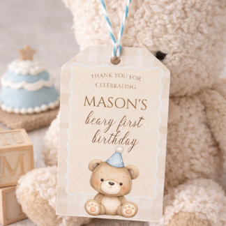 Étiquettes-cadeau Teddy Bear First Birthday Invitation, Beary First 