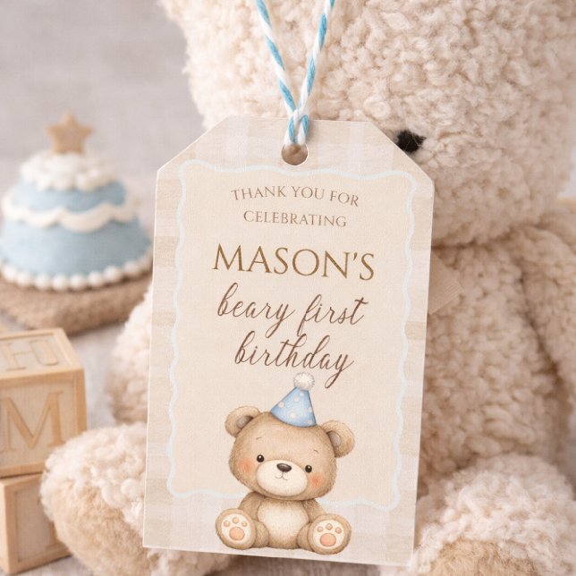 Étiquettes-cadeau Teddy Bear First Birthday Invitation, Beary First  (Créateur téléchargé)