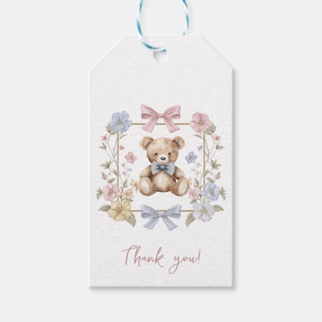 Étiquettes-cadeau Teddy Bear Floral Wreath Baby Shower Thank You (Devant)