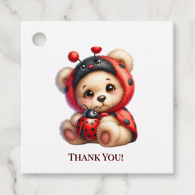 Étiquettes Cadeau Teddy Bear Ladybug Stripes Girl Baby shower Merci (Devant)