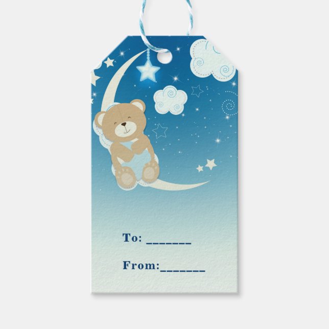 Étiquettes-cadeau Teddy Bear Moon & Stars Baby shower Personnalisé F (Devant)