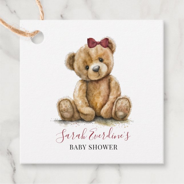 Étiquettes Cadeau Teddy Bear Watercolor Baby shower fille (Devant)