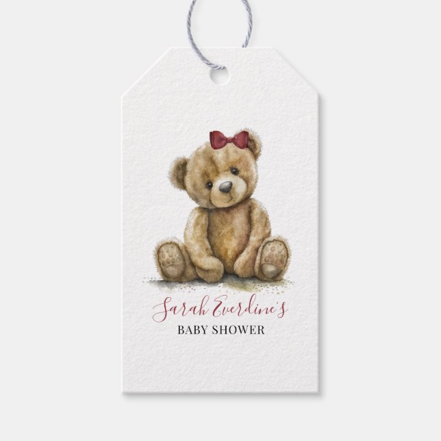 Étiquettes-cadeau Teddy Bear Watercolor Baby shower fille (Devant)