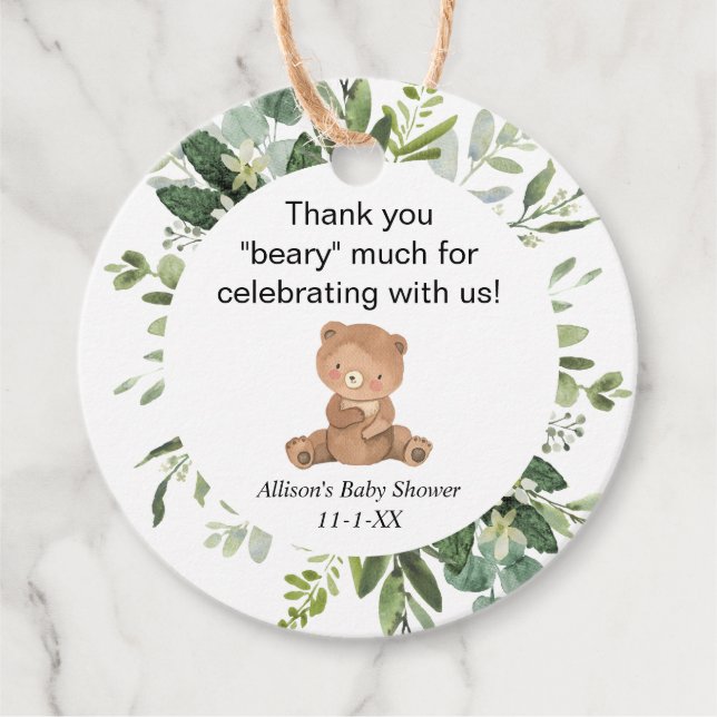 Étiquettes Cadeau Teddy ours verdure baby shower mignon merci (Devant)