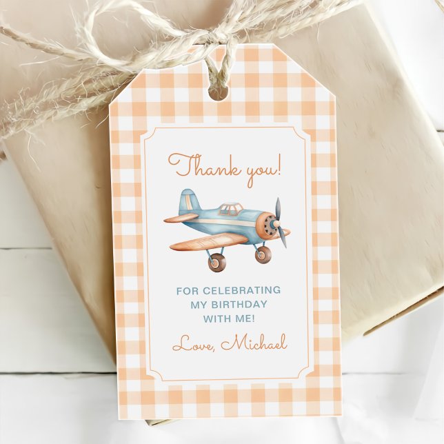 Étiquettes-cadeau Temps Gingham Avion Fête Premier Anniversaire (Créateur téléchargé)
