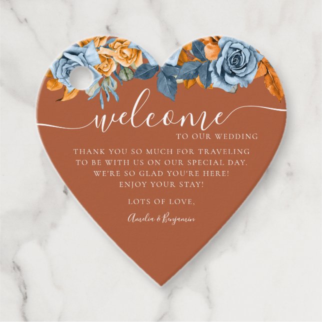 Étiquettes Cadeau Terracotta Blue Rust Eucalyptus Mariage de bienven (Devant)