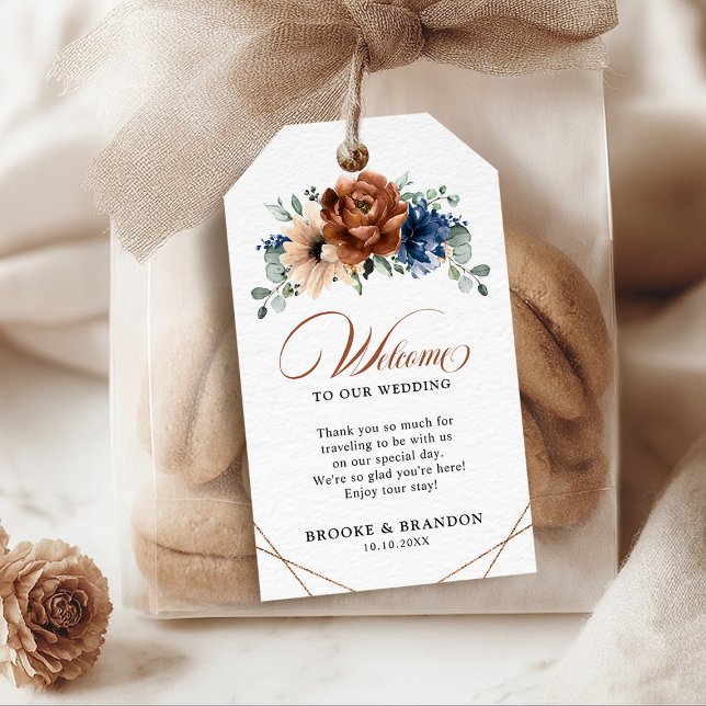 Étiquettes-cadeau Terracotta Marine Bleu Mariage géométrique Bienven (Terracotta Navy Blue Geometric Wedding Welcome Gift Tags)