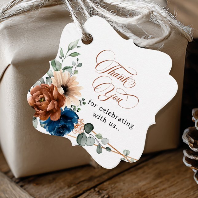 Étiquettes Cadeau Terracotta Marine Bleu Vert Mariage Merci (Terracotta Navy Blue Greenery Wedding Thank You Favor Tags)