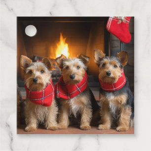 Étiquettes Cadeau Terrier Australien au coin du feu de Noël