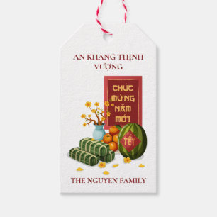 Étiquettes-cadeau Tét vietnamien Banh Chung Pastèque & Hoa Mai