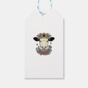Étiquettes-cadeau Tête de vache florale dessin vintage gravure Desig