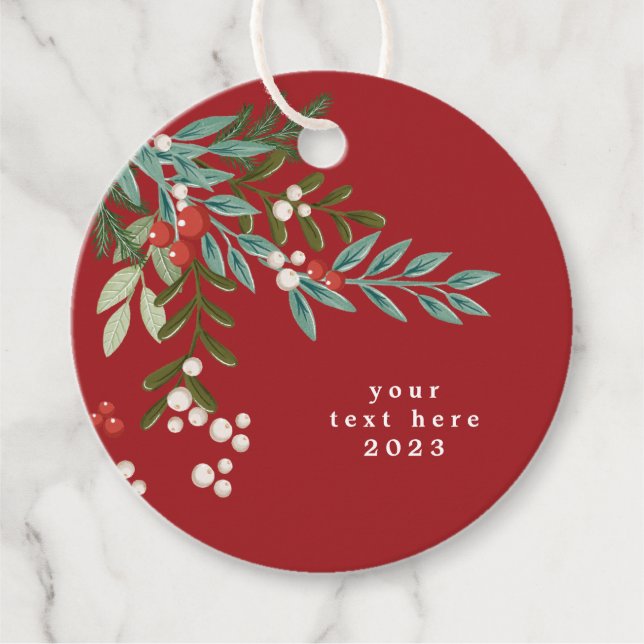 Étiquettes Cadeau Texte Botanique Floral Noël traditionnel Rouge (Devant)