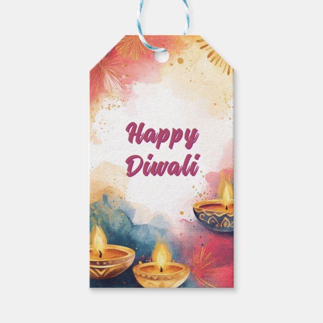 Étiquettes-cadeau Texte personnalisé, Aquarelle Diwali Lumière et fê (Devant)
