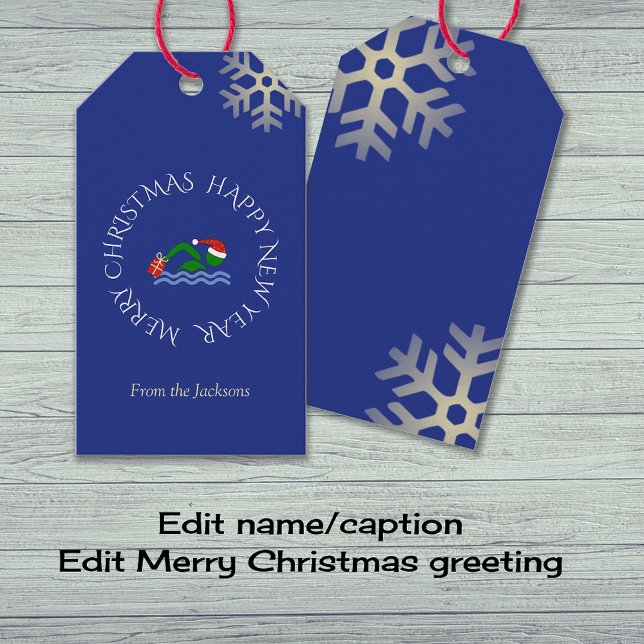 Étiquettes-cadeau Texte personnalisé de la nage de Noël bleu (Créateur téléchargé)