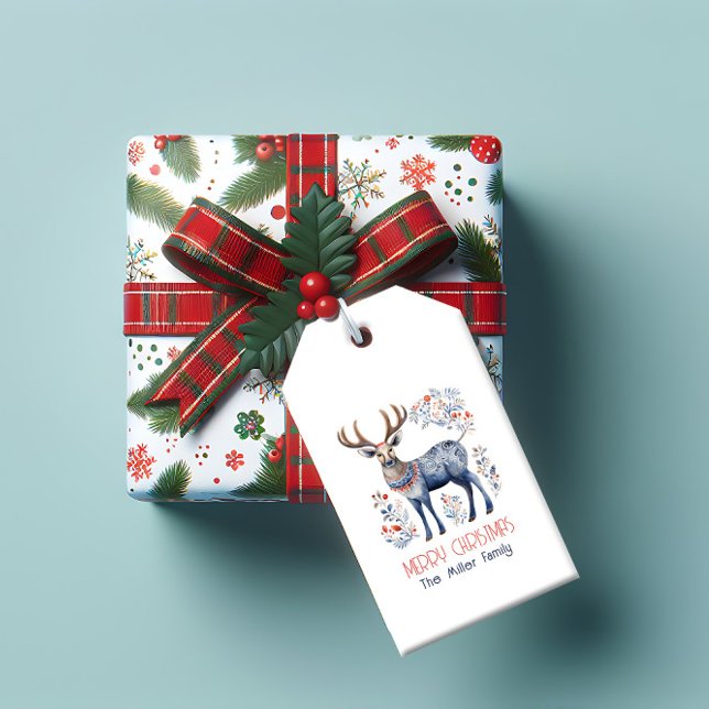 Étiquettes-cadeau Texte personnalisé des rennes folkloriques scandin (Créateur téléchargé)