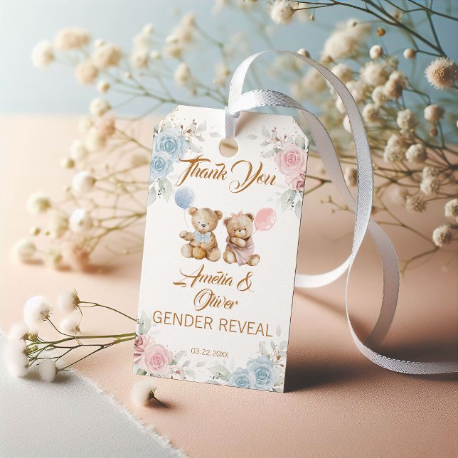 Étiquettes-cadeau Thank You Teddy Bear Pink Blue Gender Reveal (Créateur téléchargé)