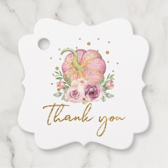 Étiquettes Cadeau Thanksgiving Citrouille Merci d'or rose (Devant)