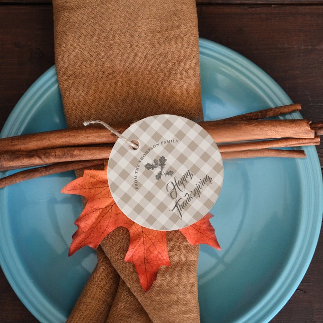 Étiquettes Cadeau Thanksgiving Fall Folid Feuilles Brown Plaid (Thanksgiving Fall Foliage Leaves Brown Plaid Favor Tags)