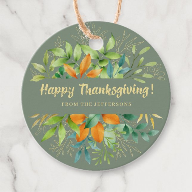 Étiquettes Cadeau Thanksgiving Green Automne Feuilles d'aquarelle ch (Devant)